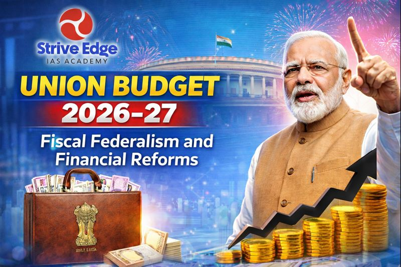 Budget 2026 Financial Reforms infographic showing 16th Finance Commission 41 percent devolution.