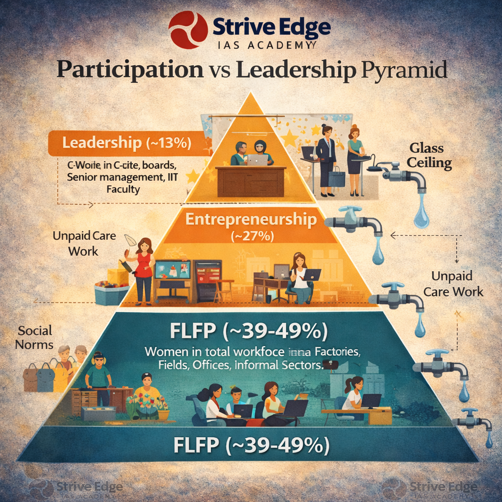 Women economic participation pyramid India: wide base of workforce participation vs narrow top of leadership representation UPSC GS Paper 3