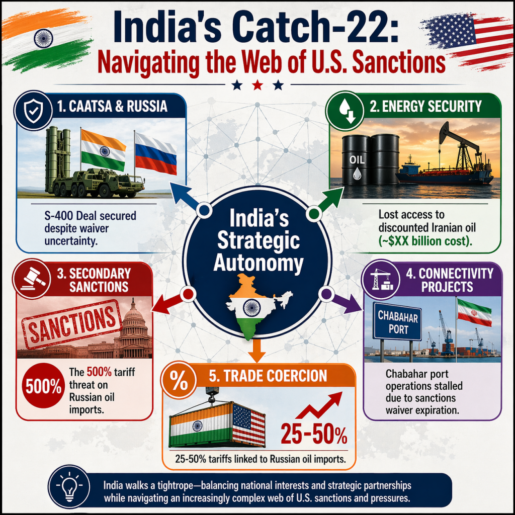 US unilateral sanctions pressure points on India strategic autonomy UPSC GS Paper 2