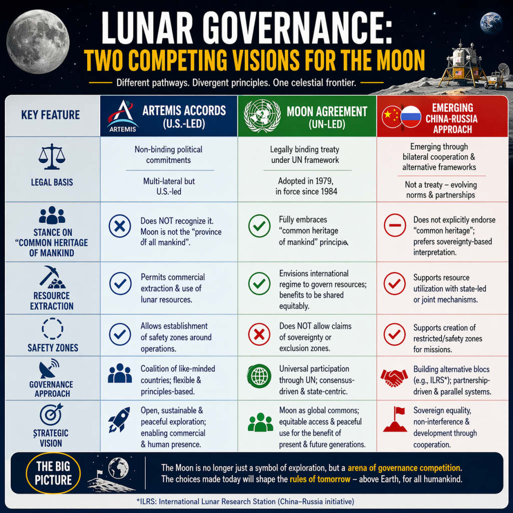 Lunar governance Artemis Accords Moon Agreement 1979 Outer Space Treaty 1967 Russia lunar sovereignty China lunar policy UPSC GS Paper 2
