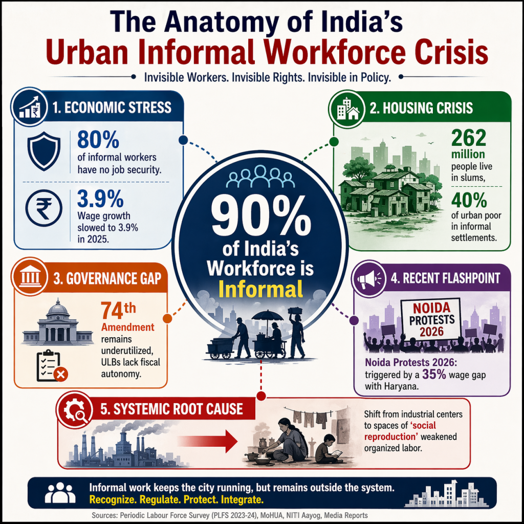 India informal urban workforce crisis Noida protests slum population 262 million labour codes governance gaps