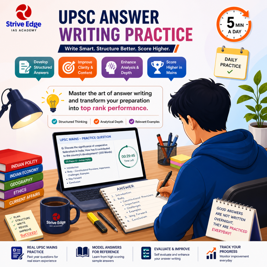 Start daily answer writing practice for UPSC Mains 2026. Get high-quality questions based on current affairs and static syllabus.