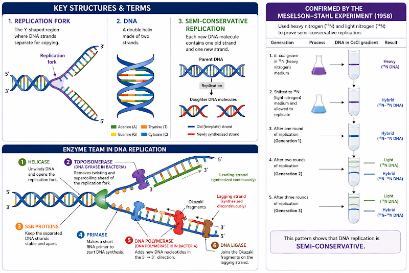 Illustration of DNA helicase unwinding the double helix during replication