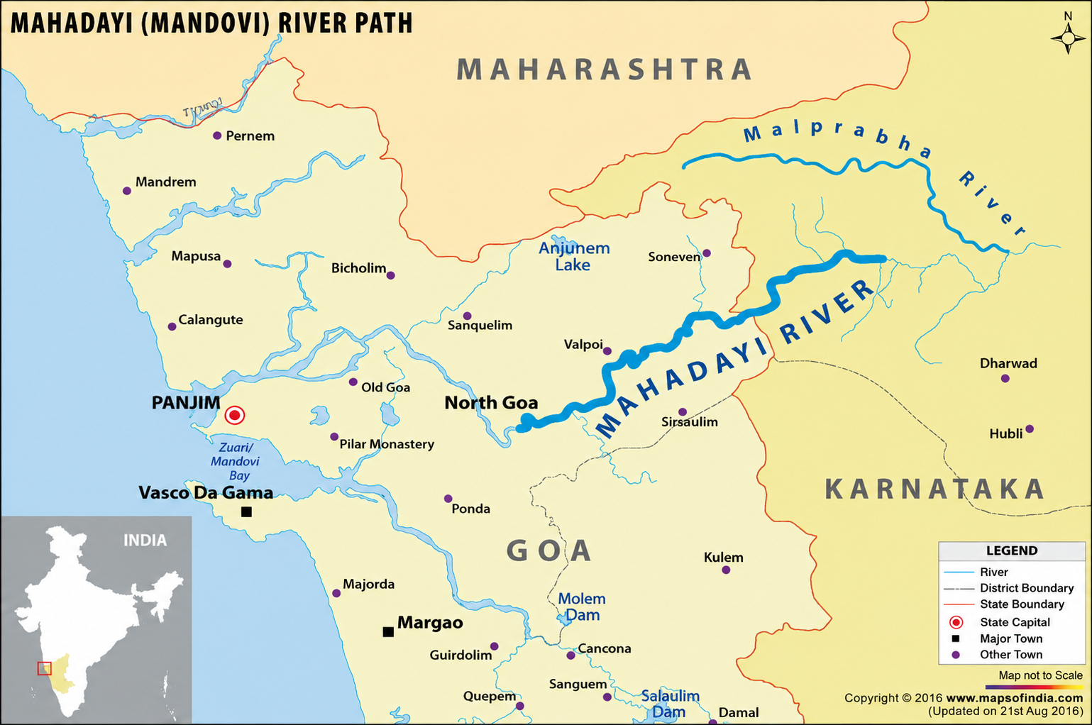 Map showing the path of the Mahadayi Mandovi river through Karnataka Maharashtra and Goa