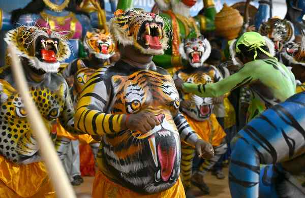Performers painted as tigers and hunters during the Pulikali folk dance in Kerala