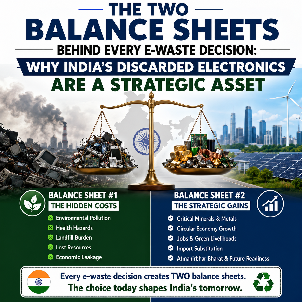 Infographic on the two balance sheets behind India's e-waste decisions — financial vs strategic costs