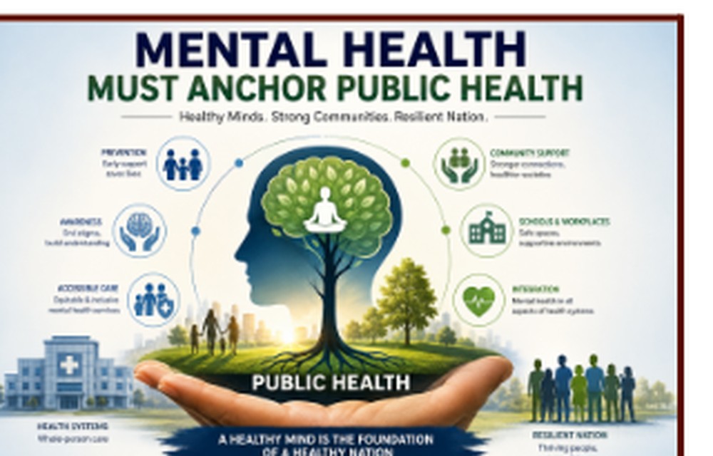 Infographic on mental health as a foundation of public health, showing prevention, community support, workplace and resilient nation themes