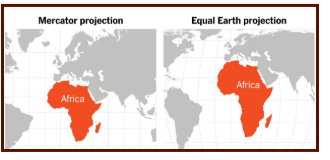 Side-by-side comparison of Africa's size on the Mercator projection versus the Equal Earth projection